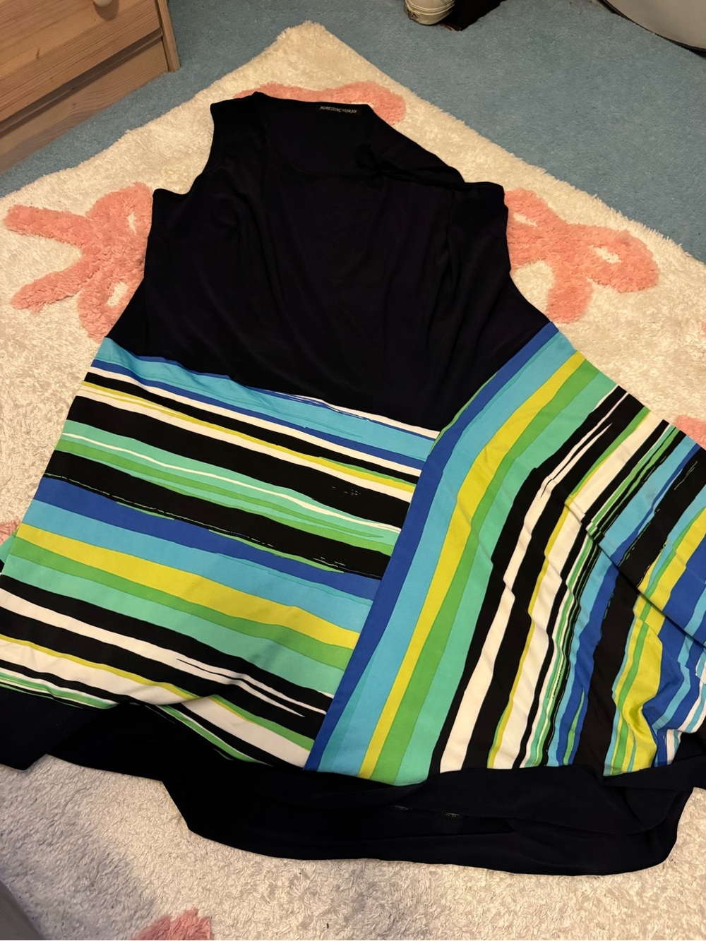 Sleeveless Navy Dress with Multicolor Stripes